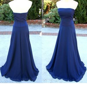 Navy chiffon gown with silk panels on bodice